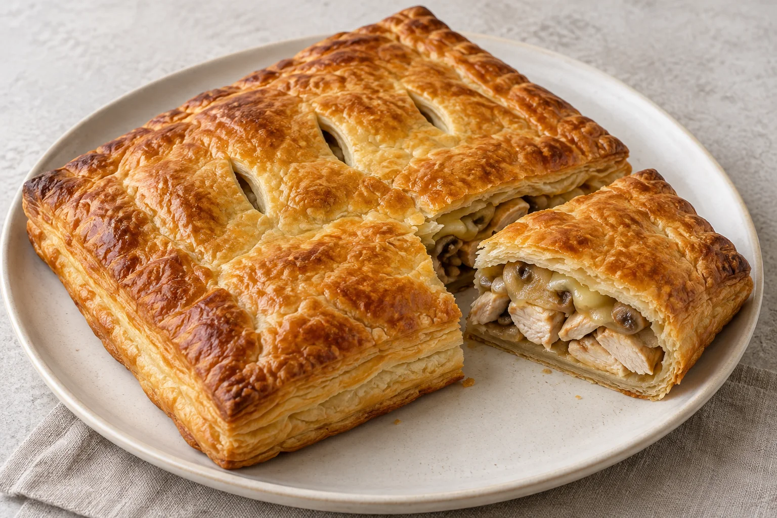 Слоёный пирог с курицей и грибами